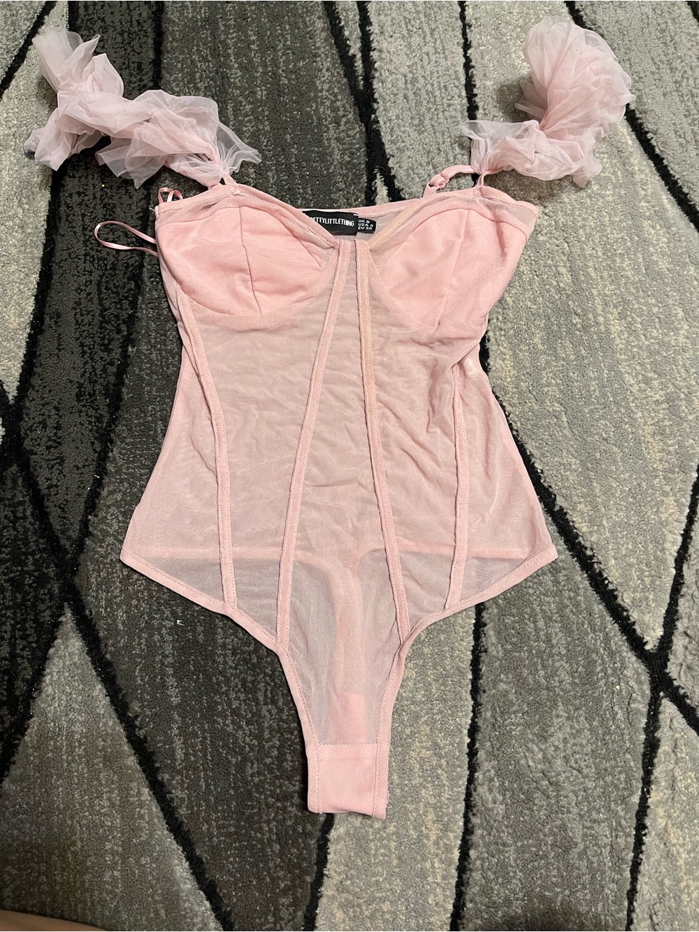 PrettyLittleThing Pale Pink Sheer Mesh Bodysuit with Tulle Shoulders